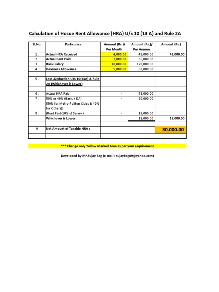 HRA Calculation Under Section 10(13A) | PDF