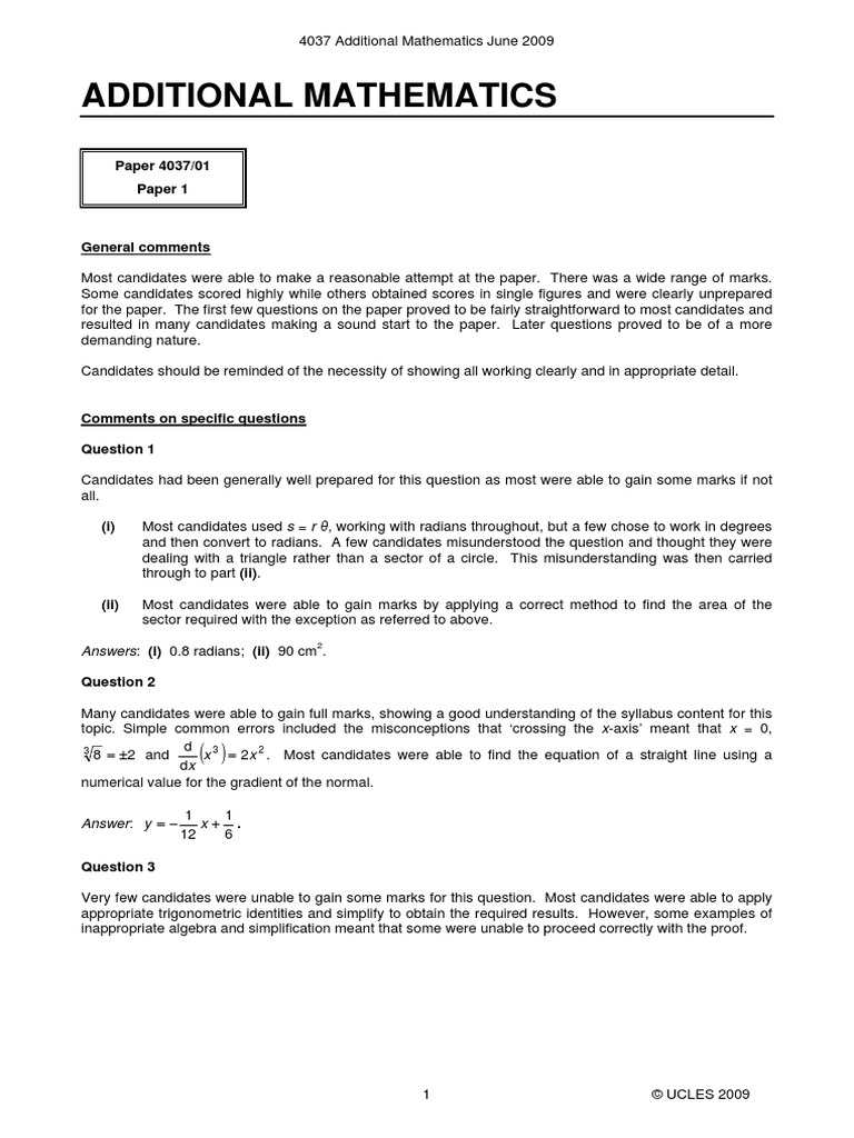 Additional Mathematics Paper 4037/01 Paper 1 PDF Line (Geometry