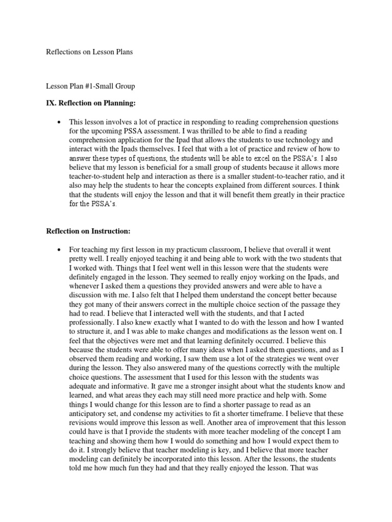 reflections on lesson plans Lesson Plan Reading Comprehension