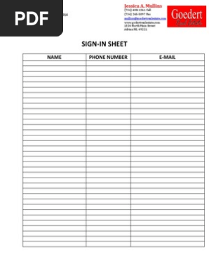 Open House Sign in Sheet