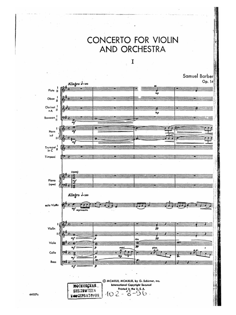 Barber Op 14 Violin Concerto Score PDF Concerto Violin