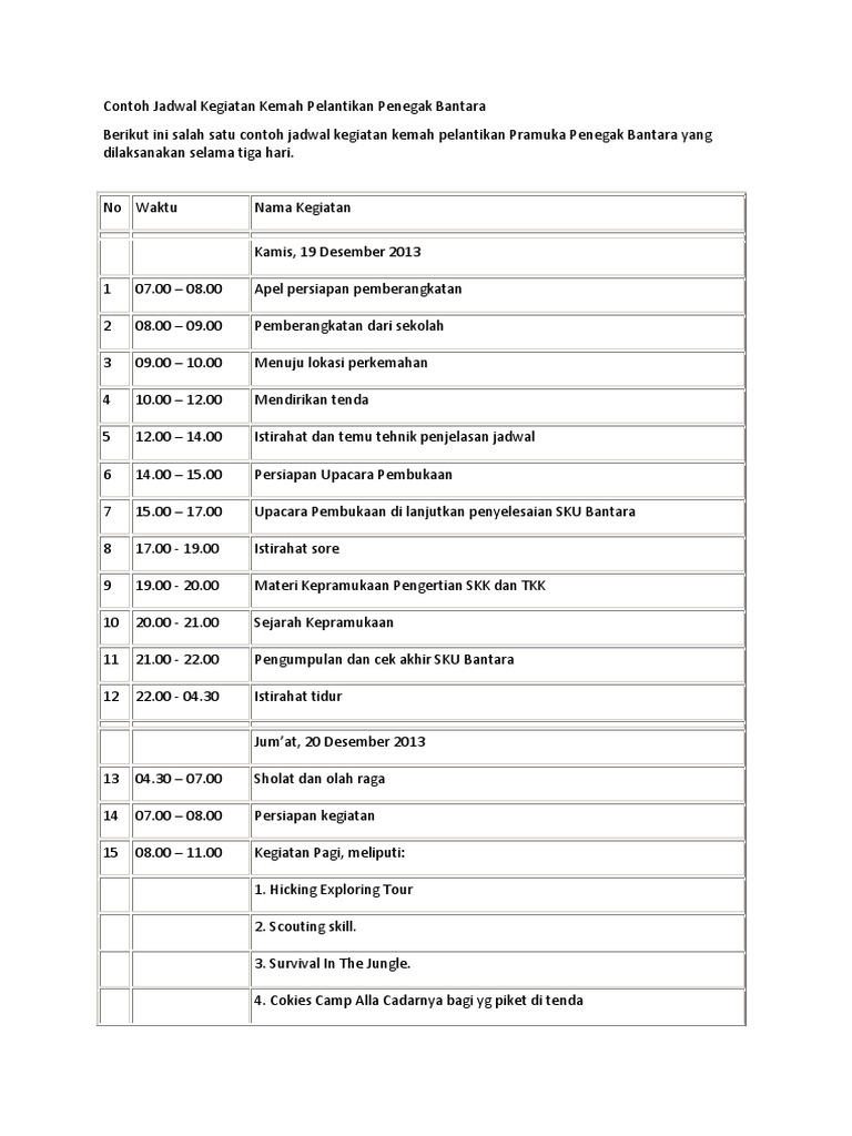 Contoh Jadwal Kegiatan Kemah Pelantikan Penegak Bantara