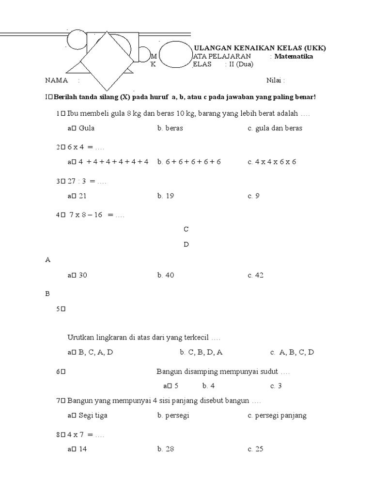 6 Soal Latihan Ukk Matematika Kelas 2 Sd