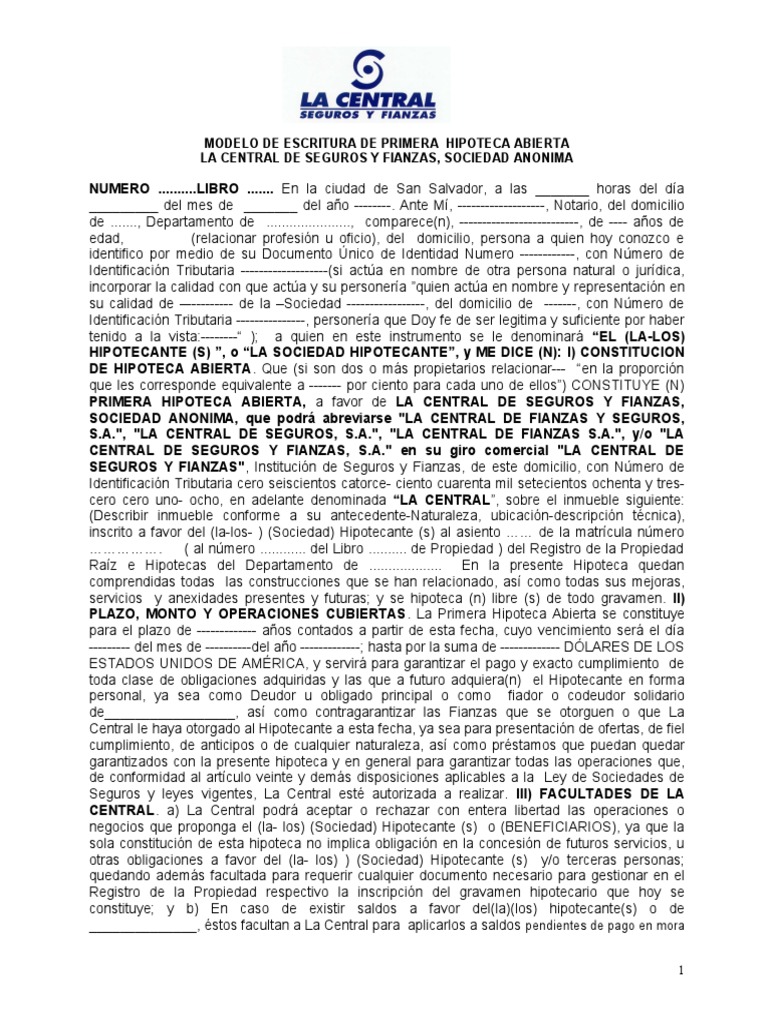 Modelo de Escritura de Primera Hipoteca