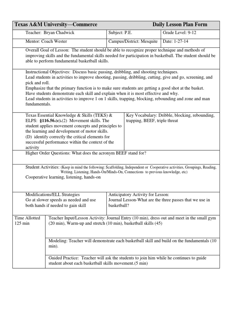 Lesson Plan Basketball Skills Lesson Plan Teachers