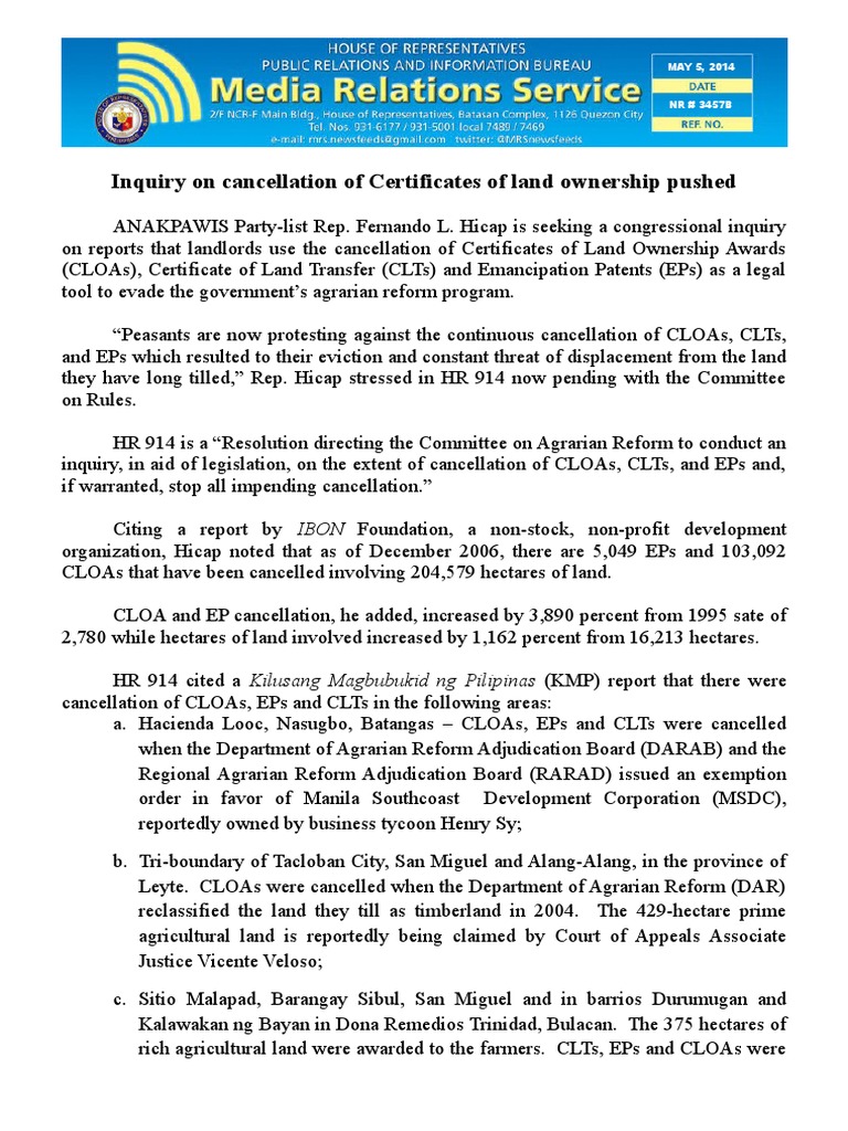 Inquiry on CLOA Cancellation Issues | PDF | Law