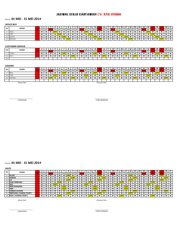 CONTOH JADWAL KERJA KARYAWAN