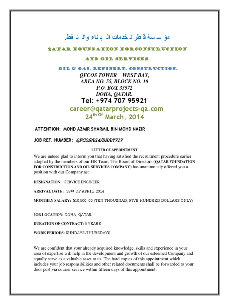 Letter of Appointment Made by Qatar Foundation For Construction and Oil  Services-1 | PDF | Qatar | Security Clearance