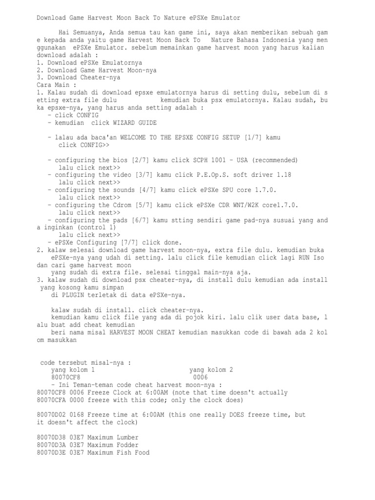 Cheat Harvest Moon Back To Nature ePSXe | PDF | Pertanian | Alam