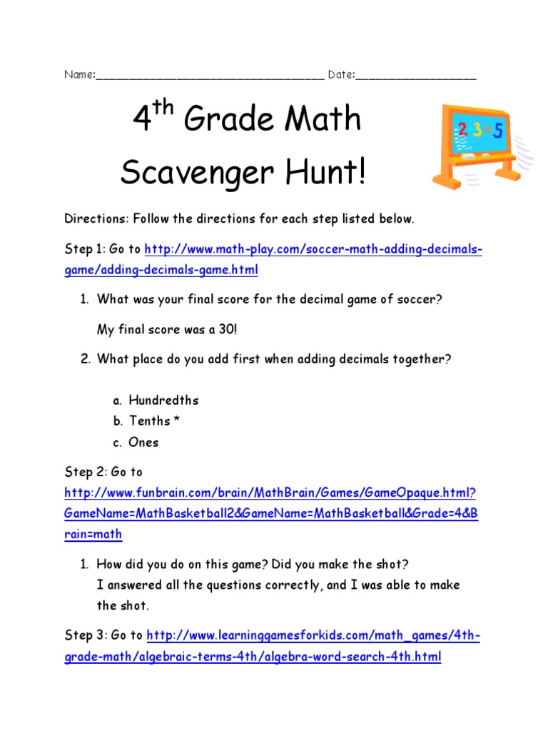 4th Grade Math Scavenger Hunt Guide | PDF