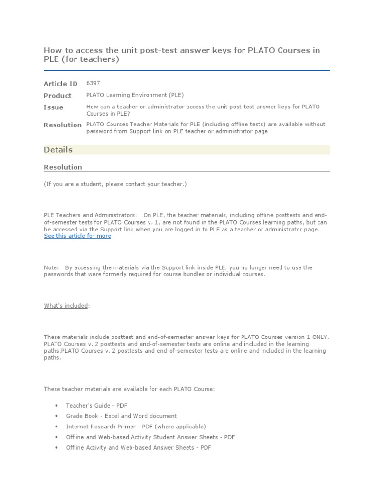 How To Access Unit Post Test Answer Keys For Plato Courses Puting And Information Technology