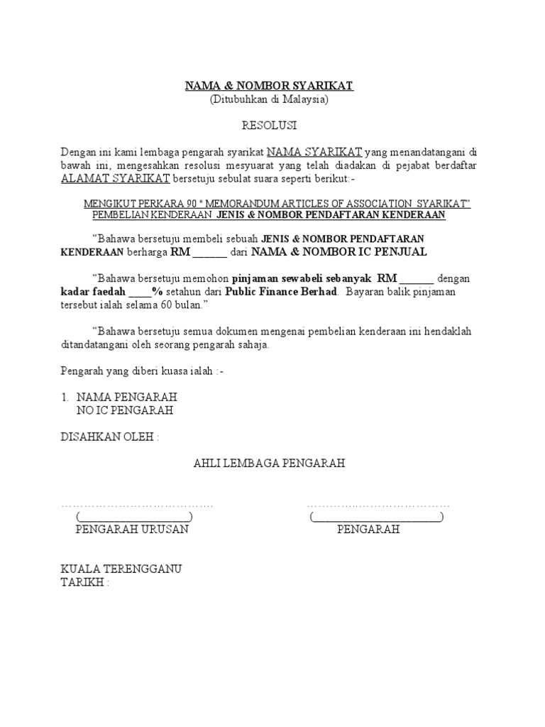 Contoh Surat Resolusi Syarikat