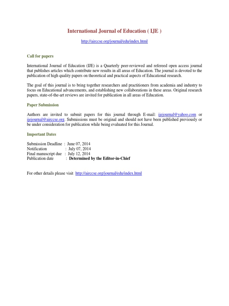 Call for Papers: International Journal of Education | PDF
