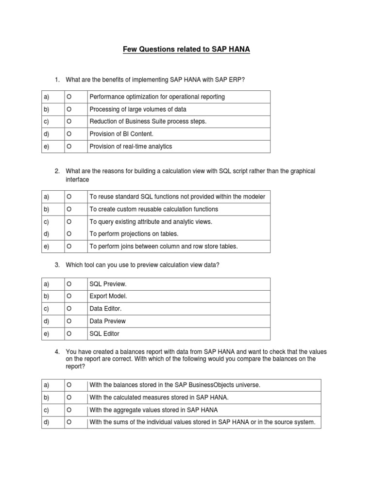Sap Hana Hana Qns and Answers | PDF | Sql | Sap Se