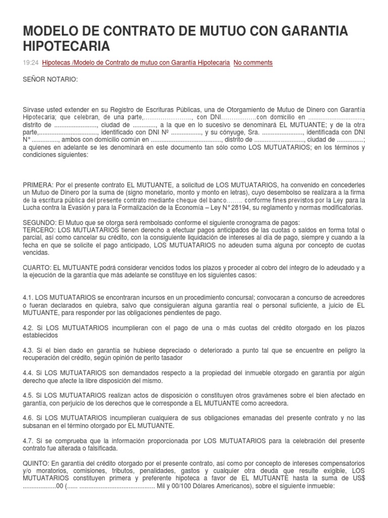 Modelo de Contrato de Mutuo Con Garantia Hipotecaria