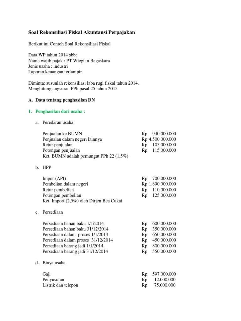 Contoh Soal Dan Jawaban Rekonsiliasi Fiskal Perusahaan