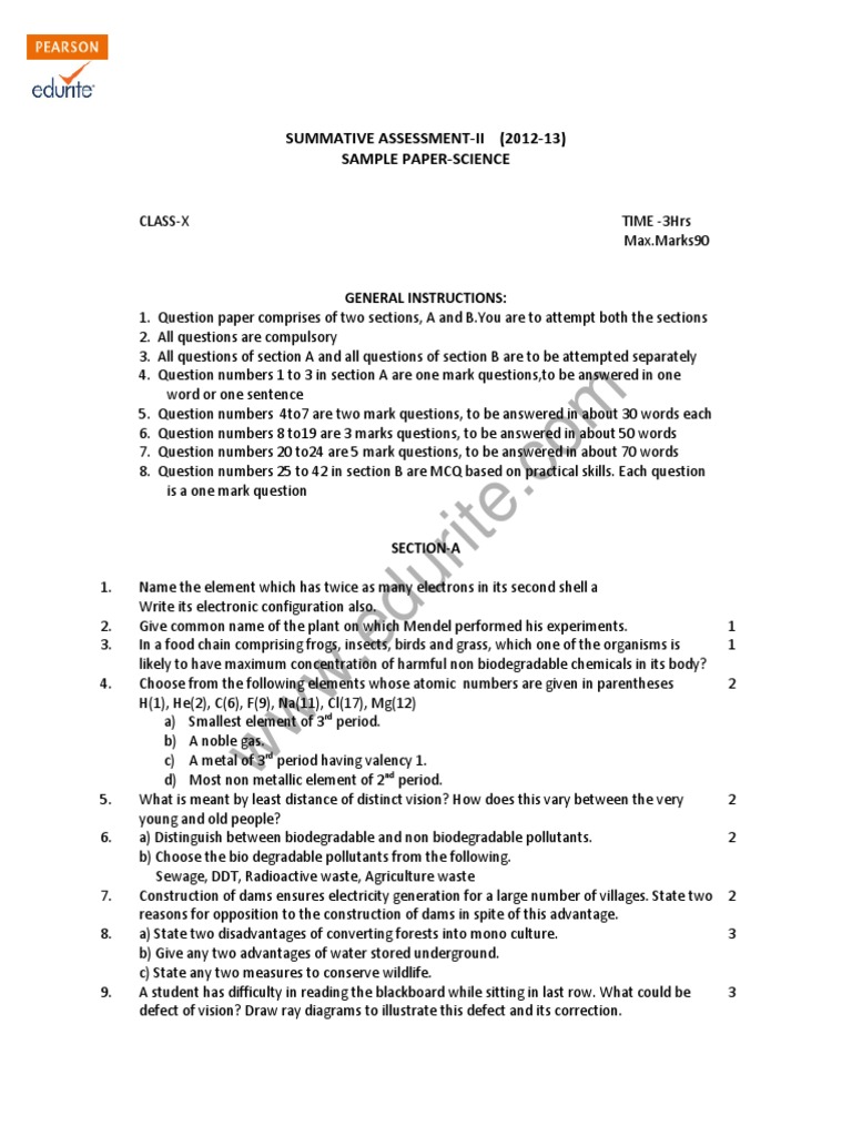 Class 10 Cbse Science Sample Paper Term 2 201213 Model 1 PDF Lens