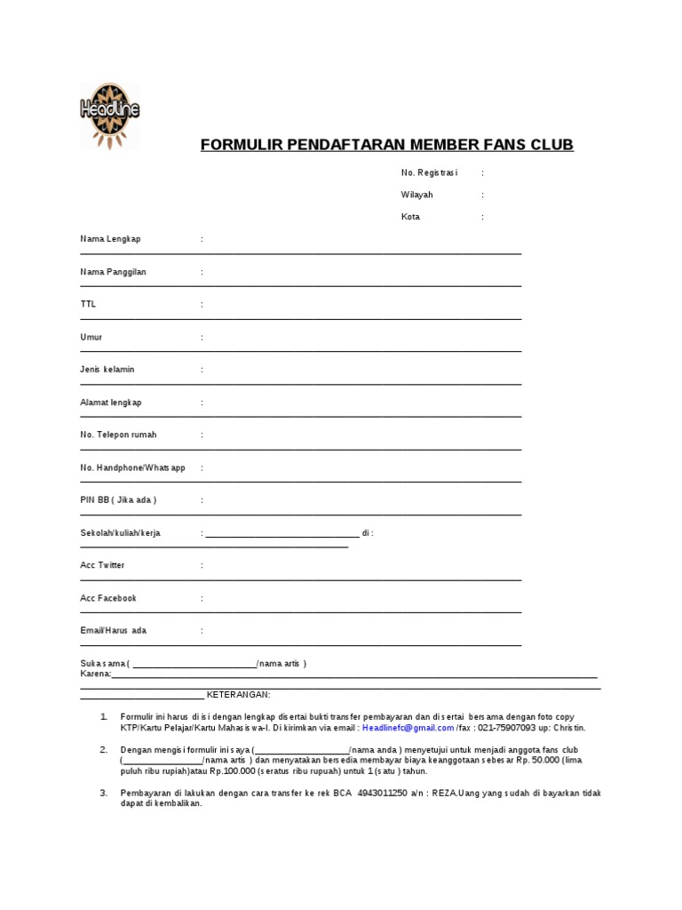 Formulir Pendaftaran Fans Club | PDF
