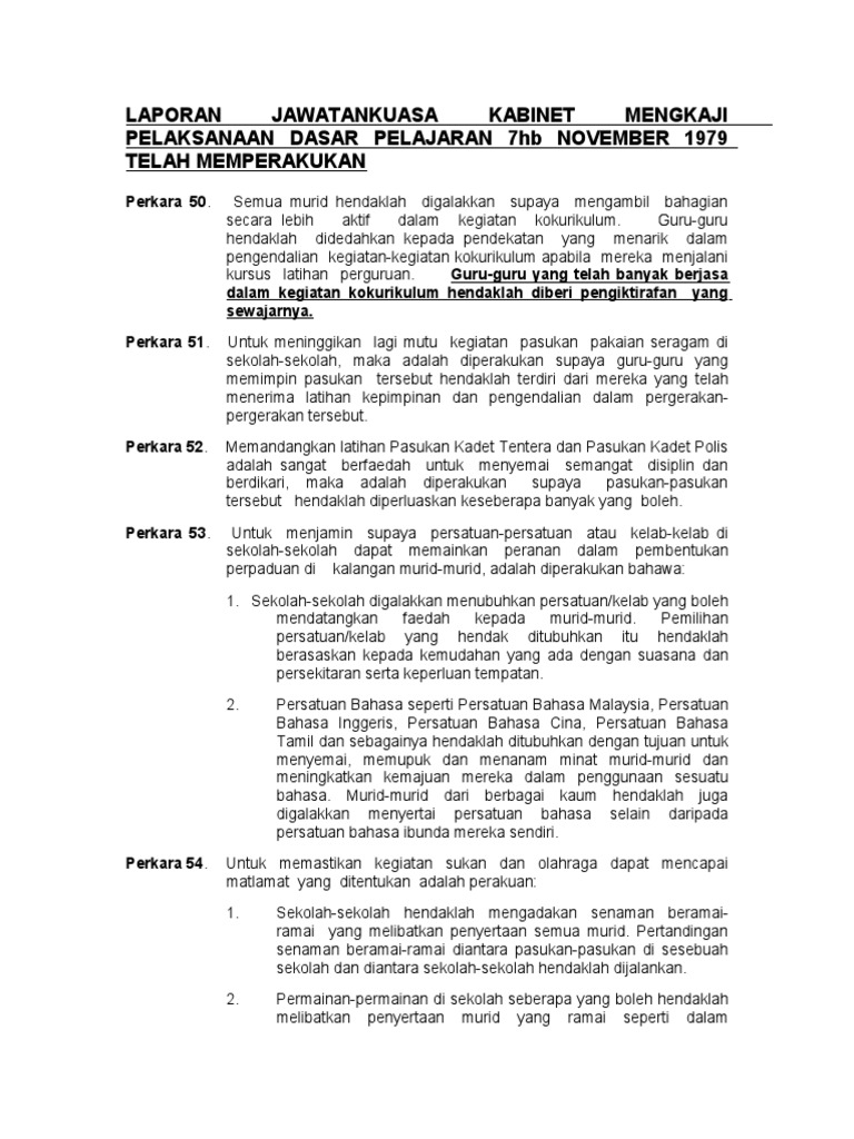 Laporan Jawatankuasa Kabinet Mengkaji Pelaksanaan Dasar Pelajaran 7hb November 1979 Telah Memperakukan