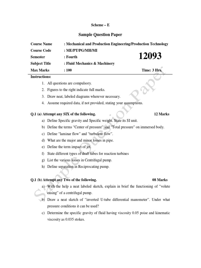 Fluid Mechanics Question Paper 2024 | PDF | Pump | Viscosity