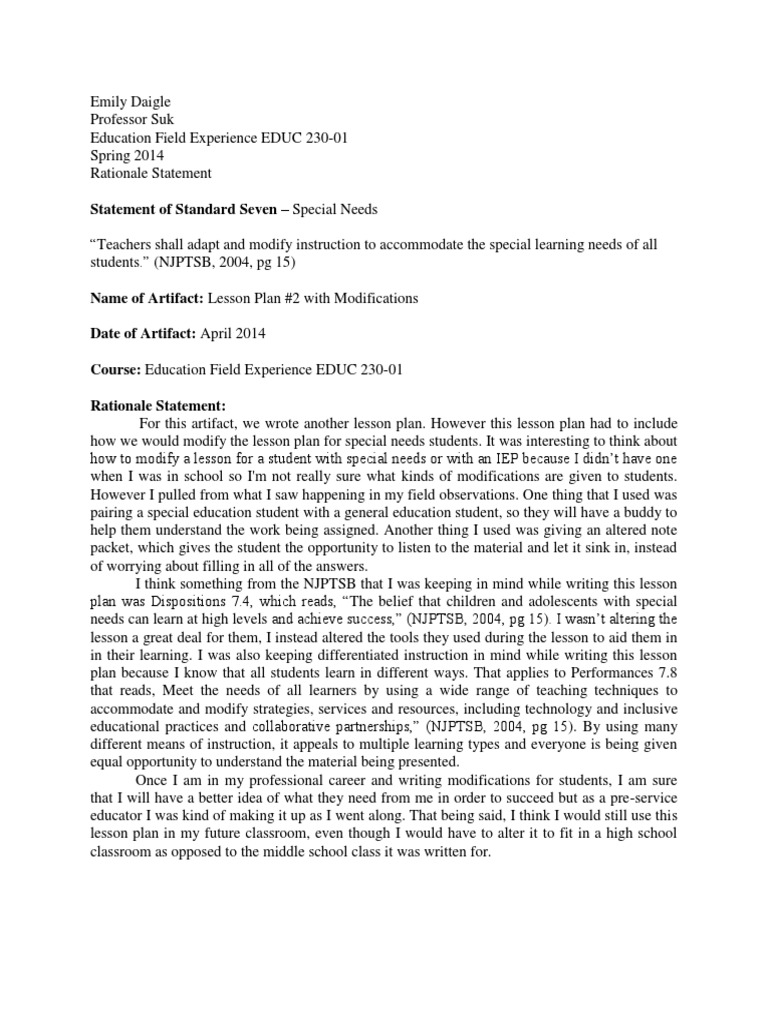 rationale statement stnandard 7 Lesson Plan Special Education