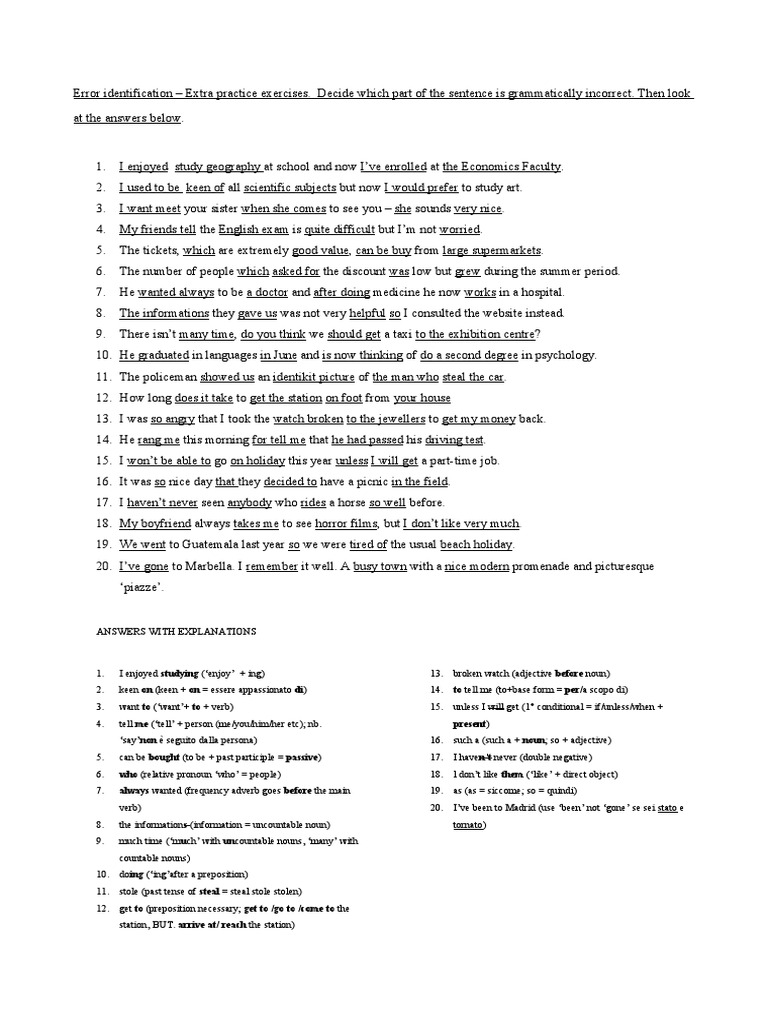 English Error Identification Exercises | PDF | Rules | Linguistics