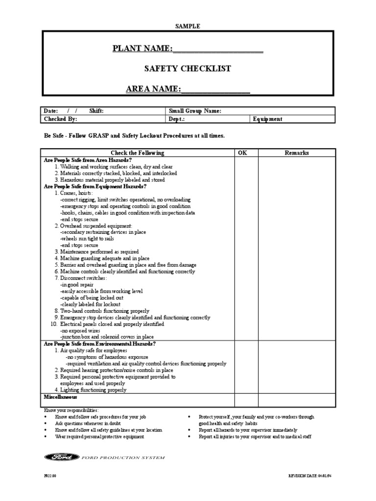 Safety Checklist for Plant Operations | PDF | Technology & Engineering