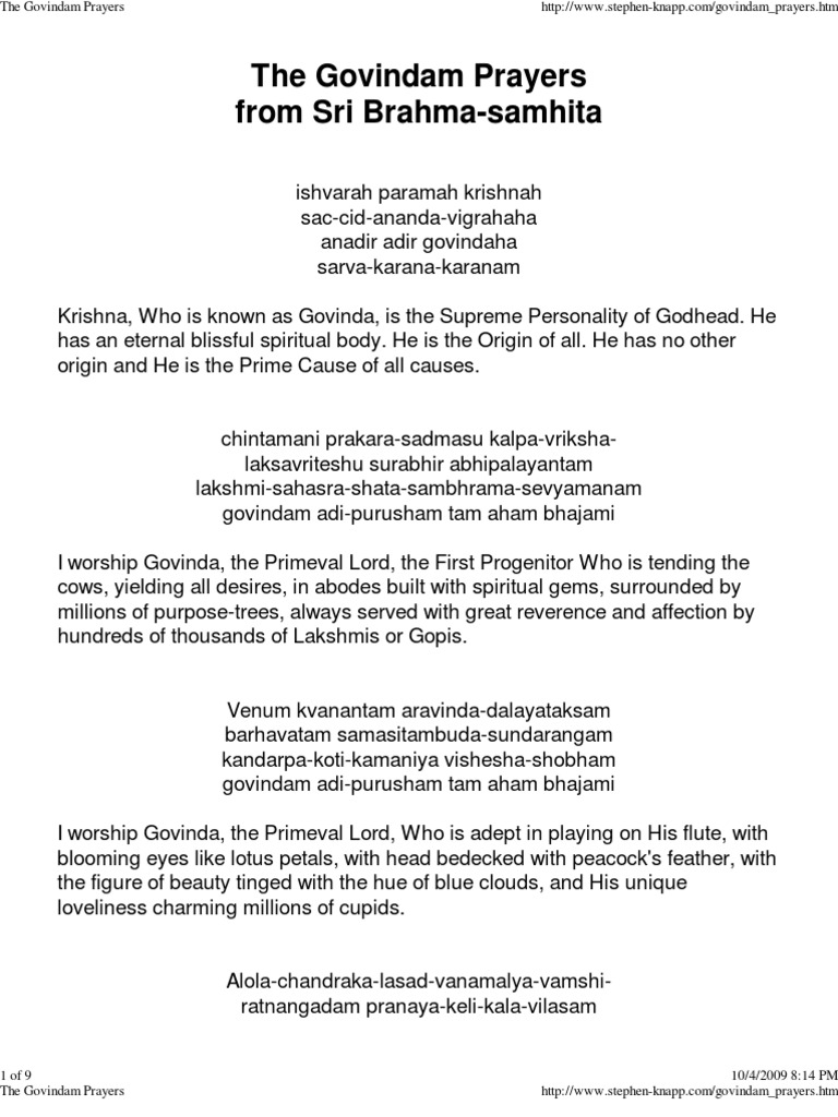 The Govindam Prayers From Sri Brahma Samhita Krishna Hinduism Govindam adi purusham tam aham bhajami мантра убирает негативные энергии с пути творит волшебство.mp3. the govindam prayers from sri brahma