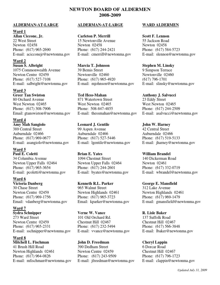Newton Aldermen Contact List 2008-09 | PDF