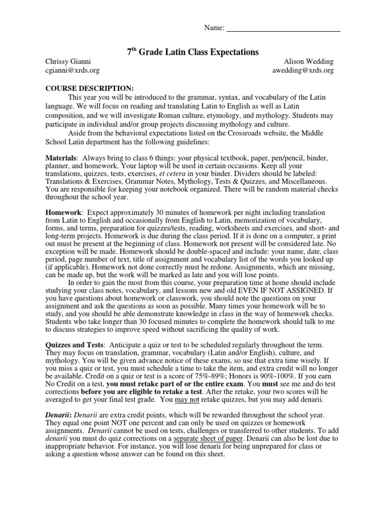 7th Grade Latin Class Guidelines | PDF | Quiz | Homework