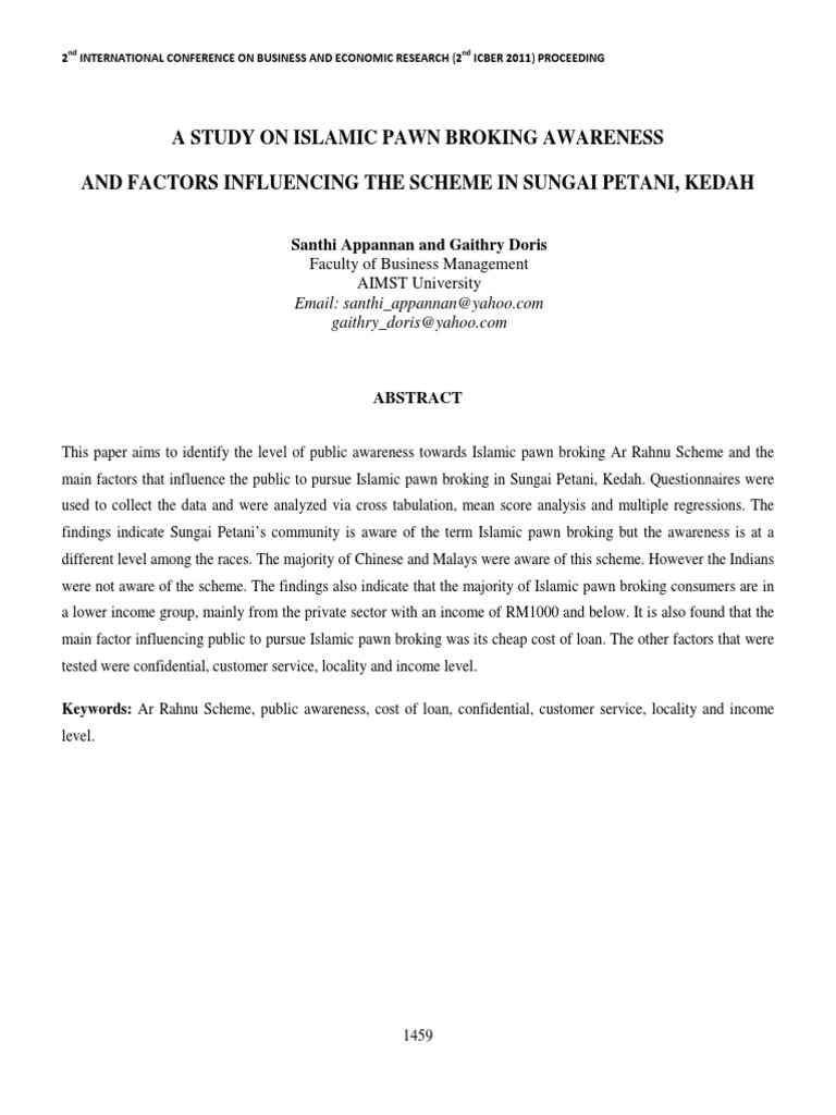 A Study On Islamic Pawn Broking Awareness And Factor That Influencing The Scheme In Sp Pdf Microcredit Microfinance