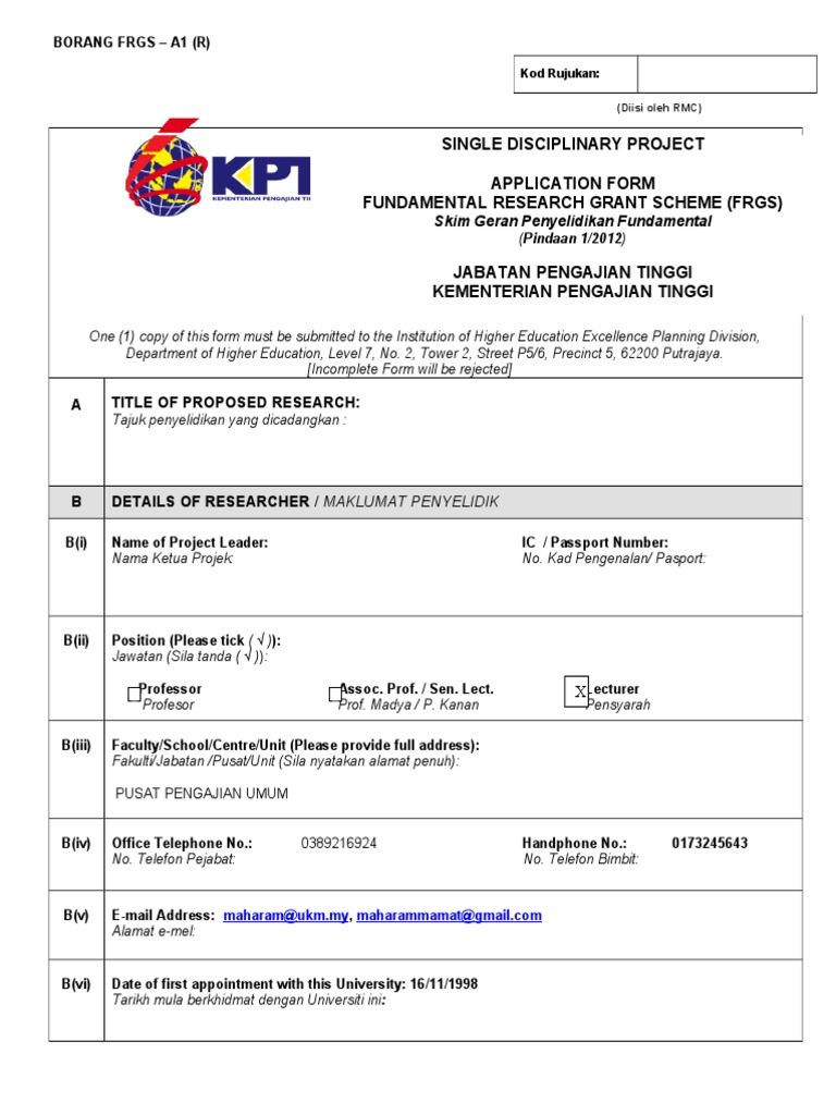 FRGS A1 Research Grant Application Form | PDF | Teaching Methods ...