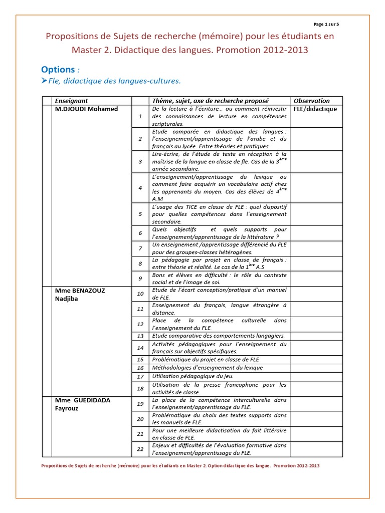 Proposition de Sujets de Recherche  Master2  Fle  Langue française