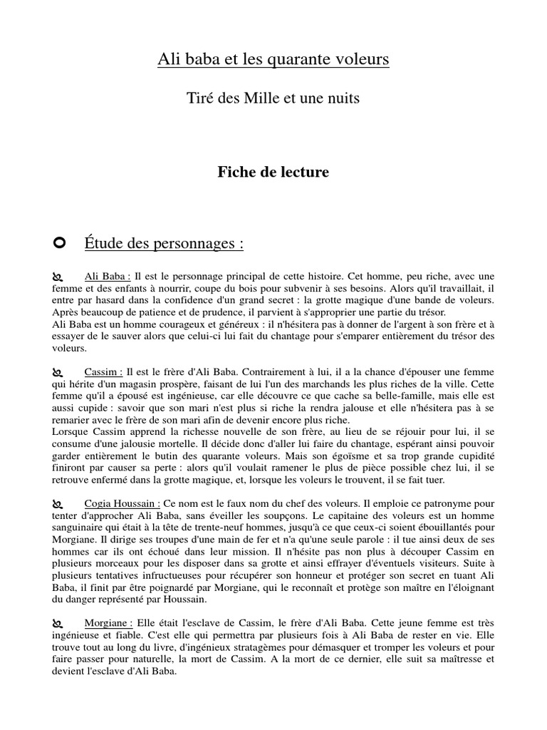 Fiche de Lecture Sur Ali Baba Et Les Quarante Voleurs 20130410 Les Mille et Une Nuits