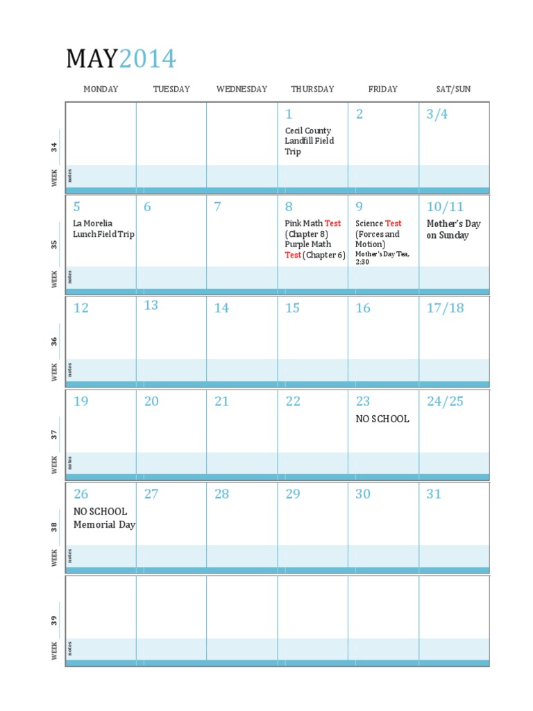 May 2014 School Calendar Events | PDF