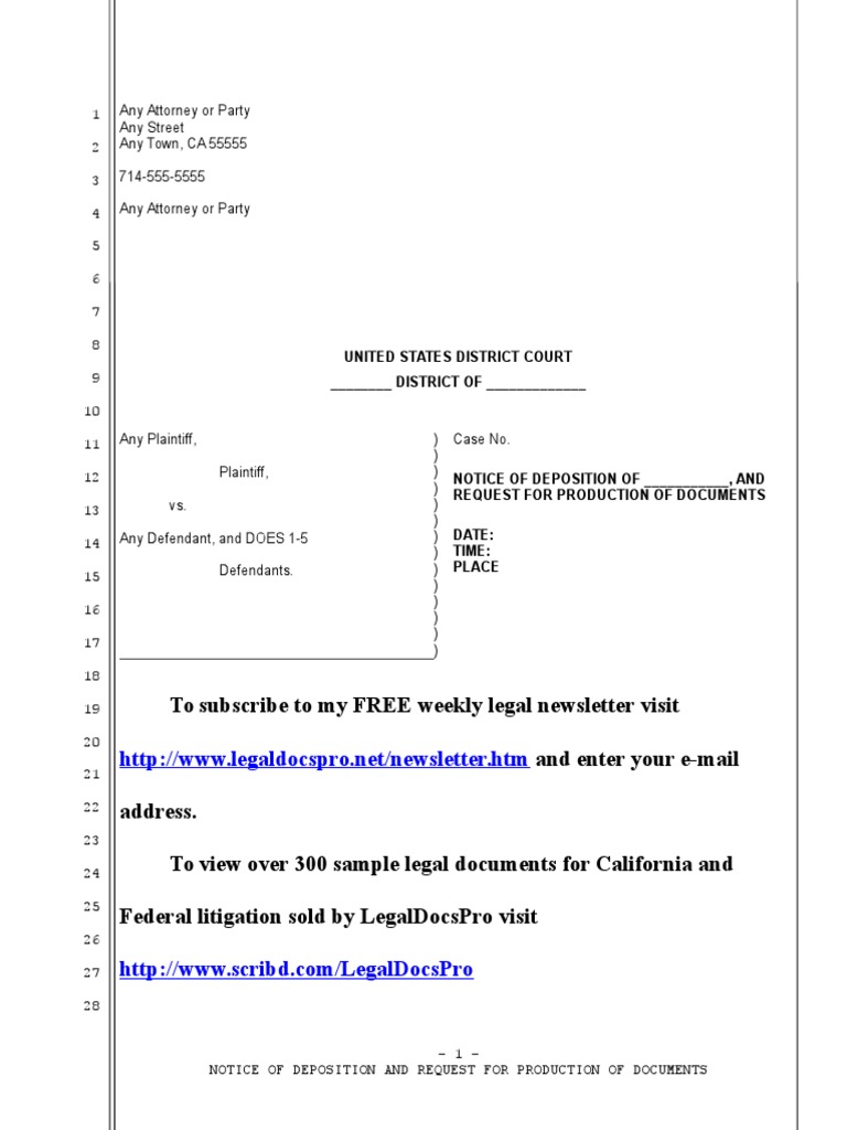 Sample Notice of Deposition For United States District Court PDF