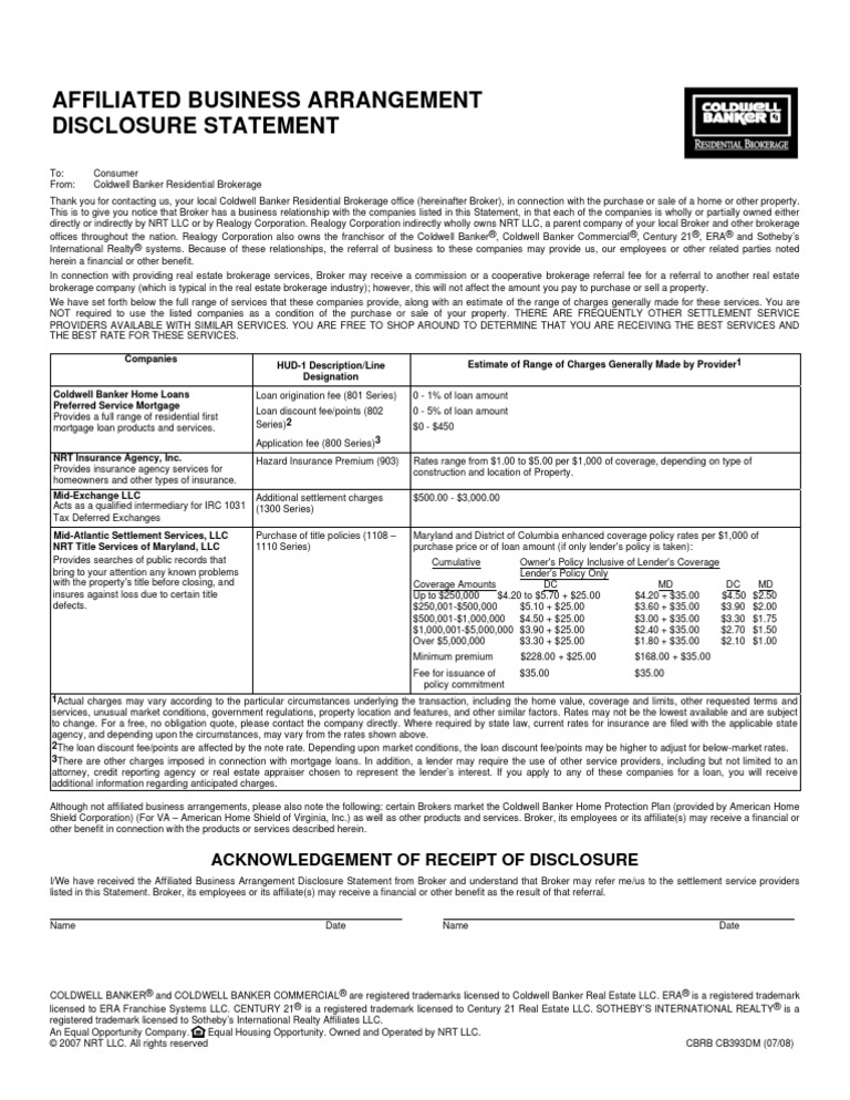 Affiliated Business (RESPA) | PDF | Insurance | Home Insurance