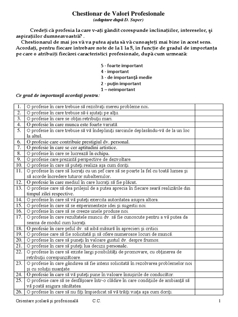 Chestionar de Valori ProfesionaleD. Super  PDF