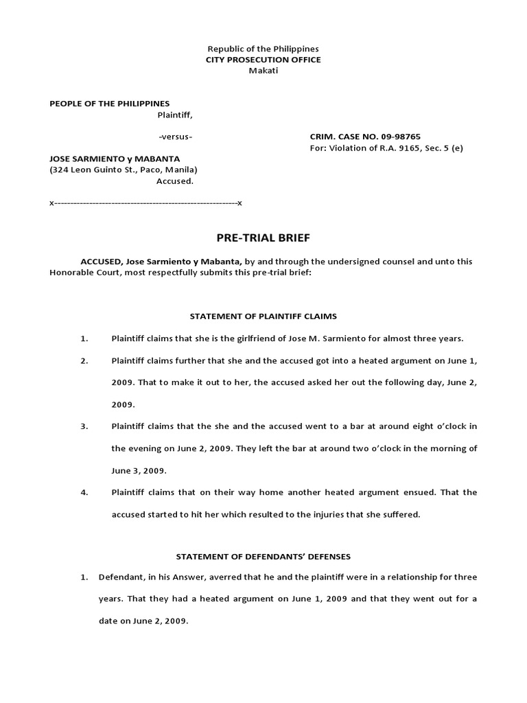 Pre-Trial Brief: Jose Sarmiento Case | PDF | Prosecutor | Virtue