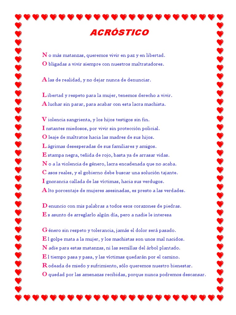 Acrostico A La No Violencia Contra La Mujer La Violencia Contra Las Mujeres Violencia