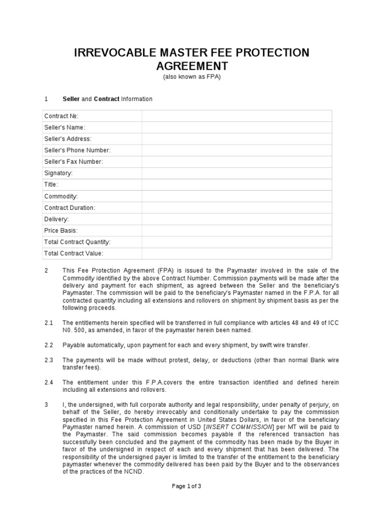 Irrevocable Master Fee Protection Agreement - Sample  PDF  Business Inside sole mandate agreement template