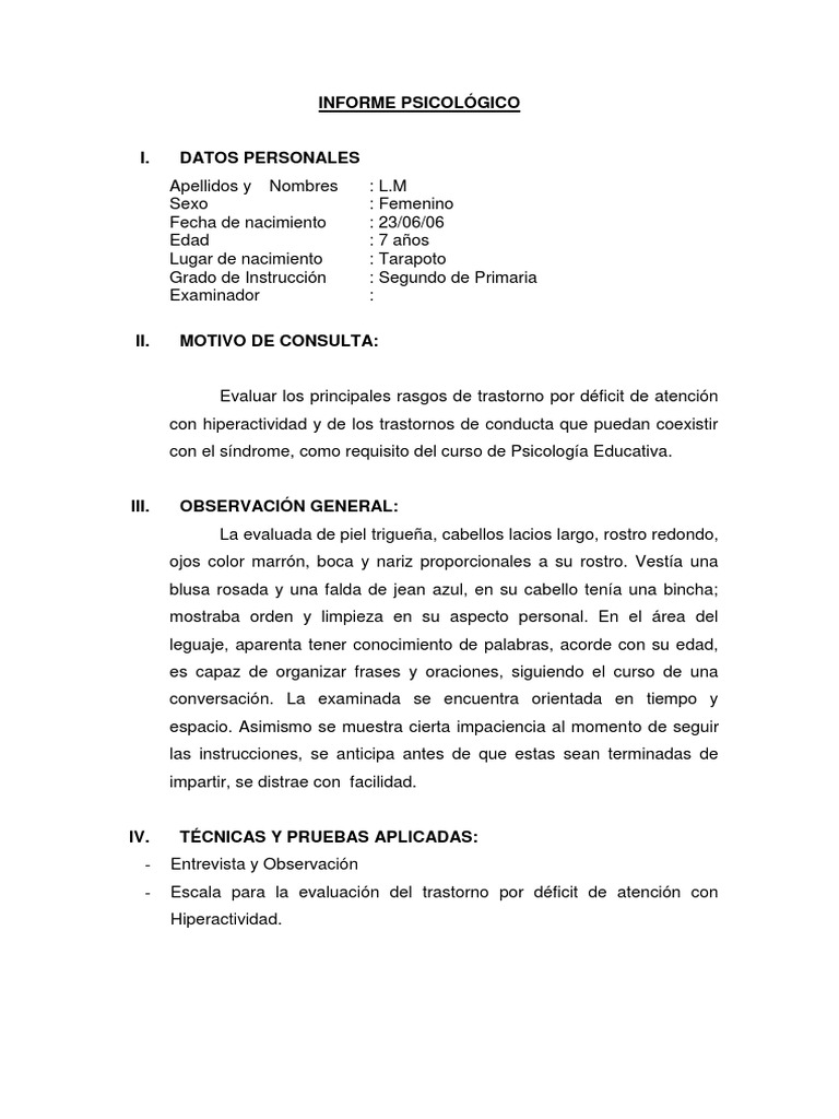 Modelo de informe de tdah desorden hiperactivo y deficit de atencion