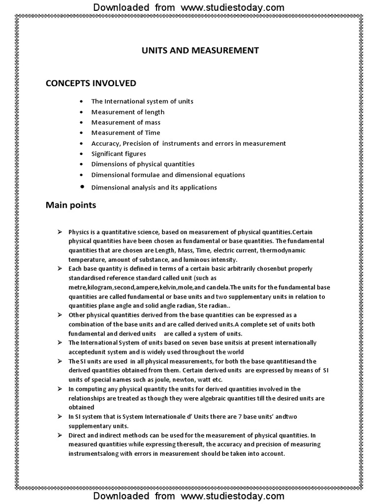 CBSE Class 11 Physics Notes - Units and Measurement | PDF ...