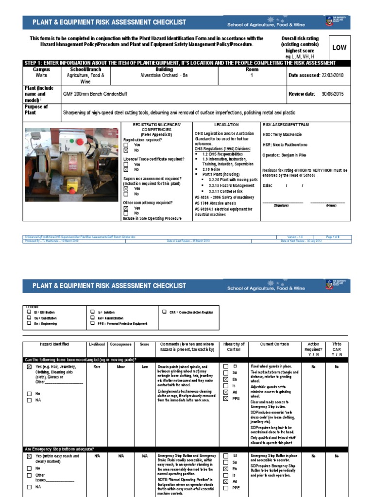 Plant and Equipment Risk Assessment Checklist1 | Personal Protective