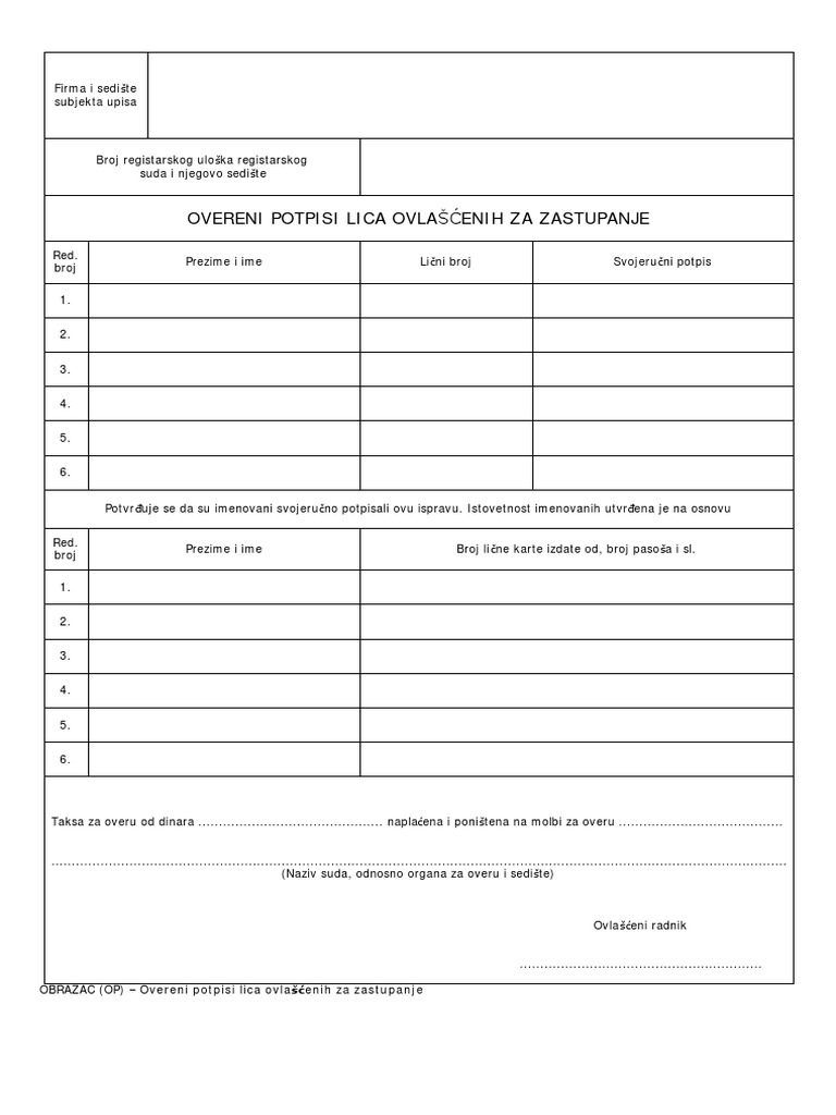 Obrazac Overeni Potpisi Lica Za Zastupanje | PDF