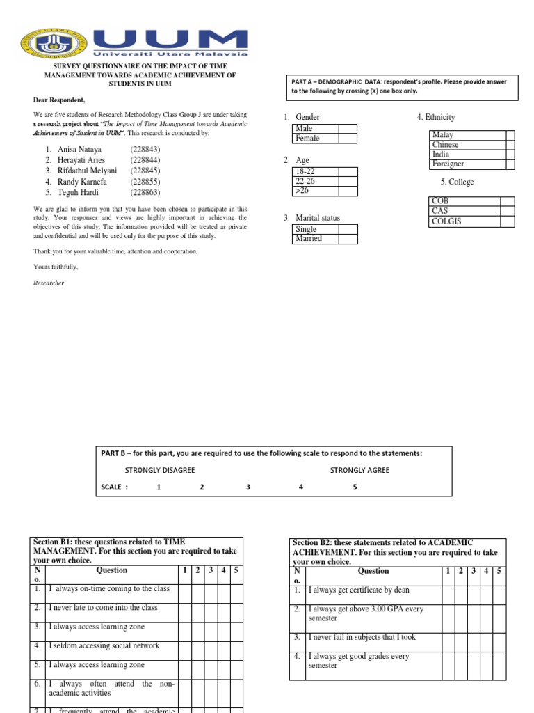 Survey Questionnaire On The Impact Of Time Management Towards Academic Achievement Of Students In Uum Pdf Survey Research Questionnaire