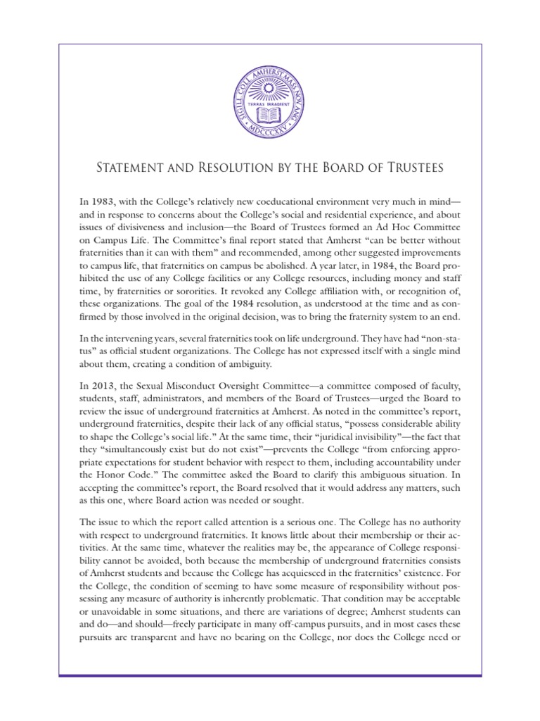 Amherst Board of Trustees Fraternities Resolution | PDF | Fraternities ...