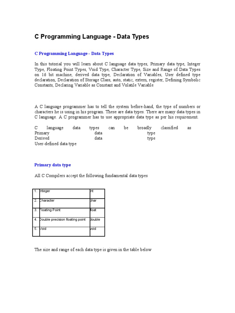 C Programming Language | PDF | Integer (Computer Science) | Data Type