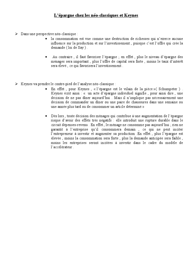 L Epargne Chez Les Neo Classiques Et Keynes