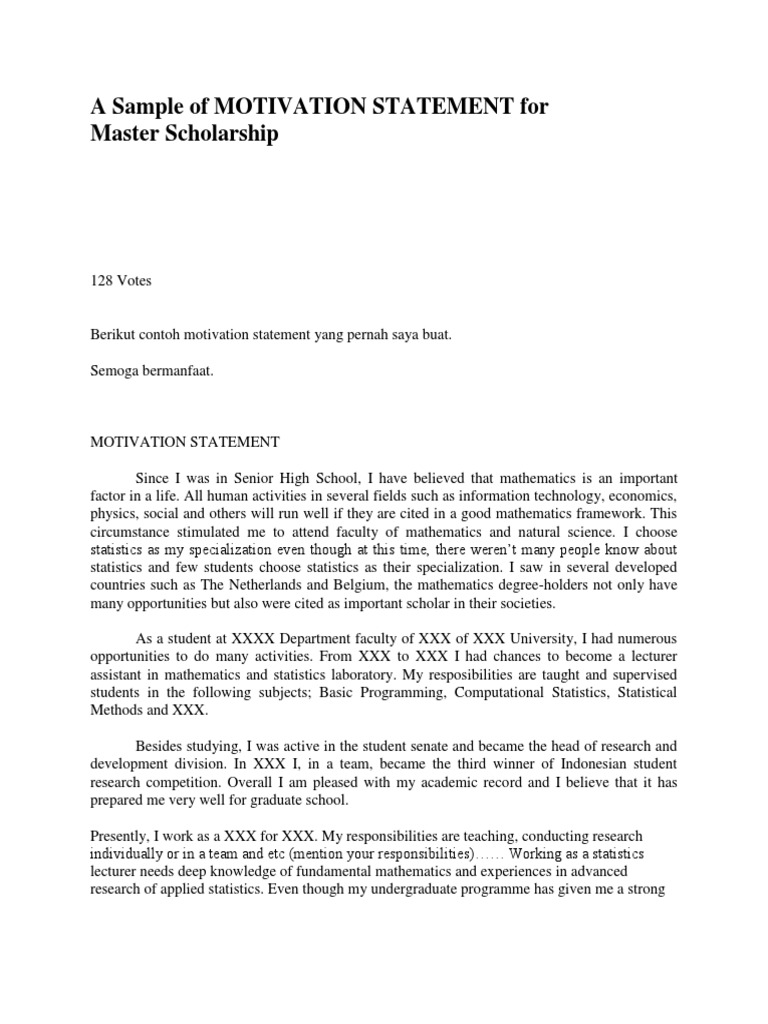 A Sample Of Motivation Statement For Master Scholarship Statistics Graduate School